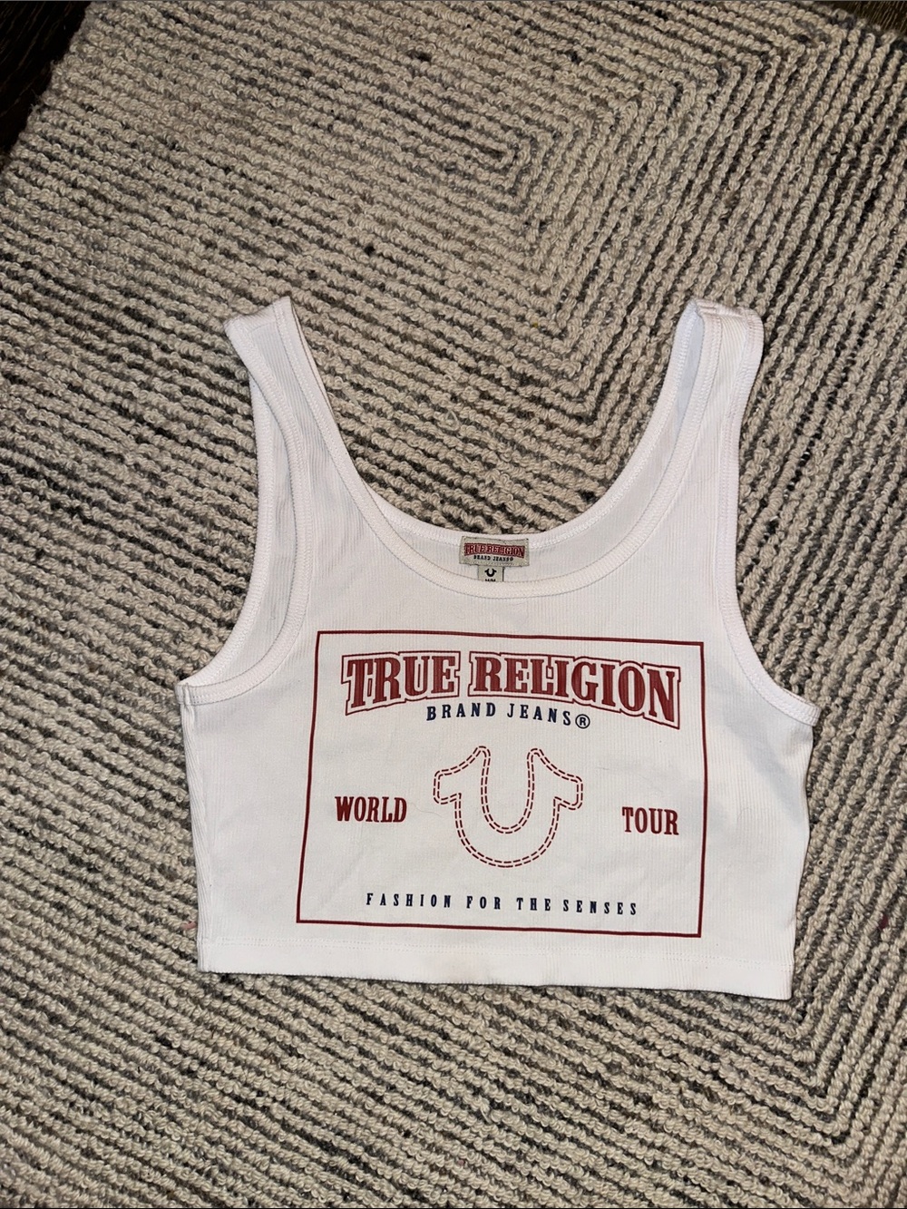 True Religion White Crop Tank with Red Logo Box Print